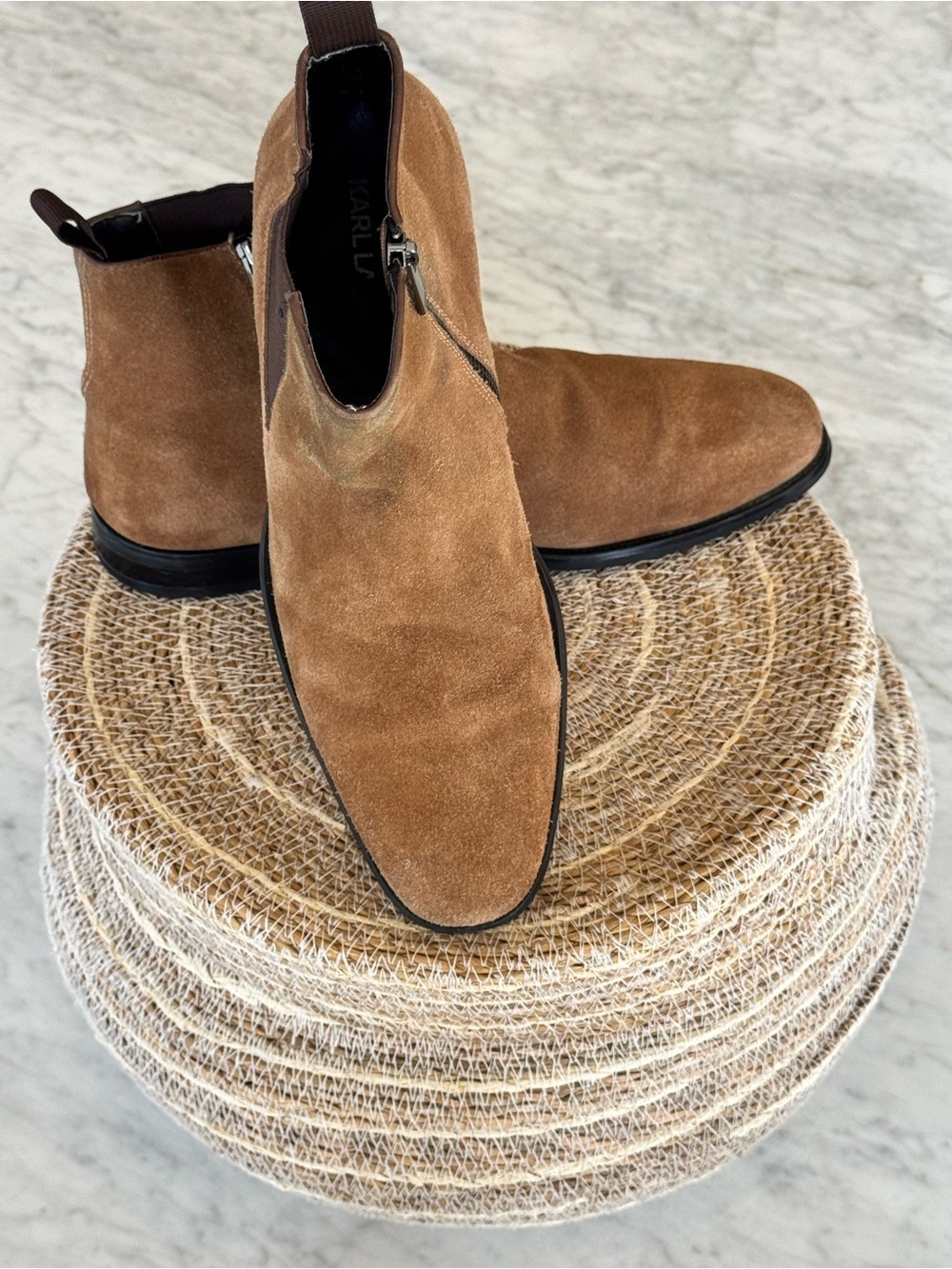 Karl Lagerfeld Paris Camel Suede Ankle Boots Side Zip Block Heel - Size 9